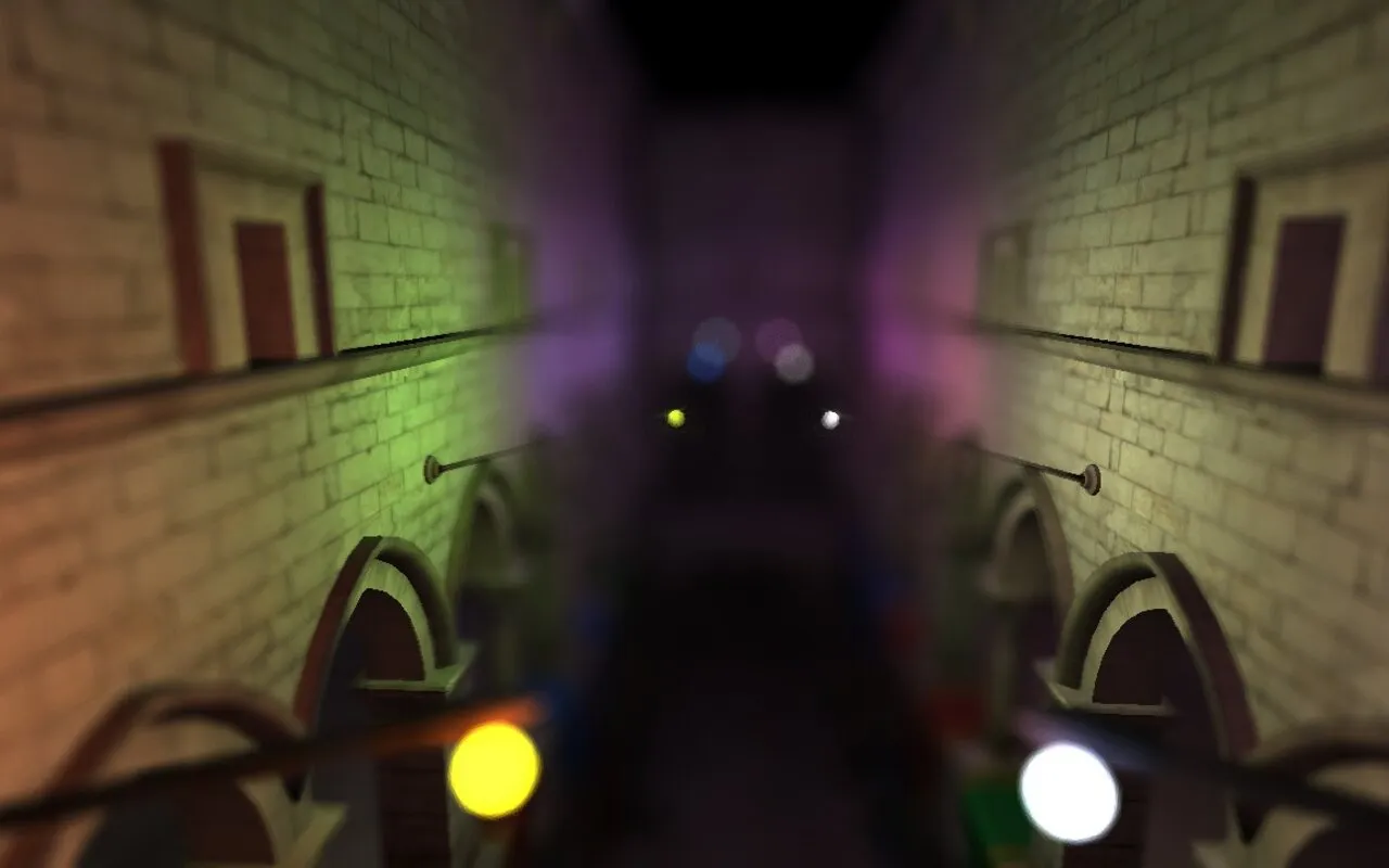 Bokeh highlights in a corridor rendered with single-pass depth of field