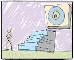 Sketch of a person facing a staircase that leads up to a target
