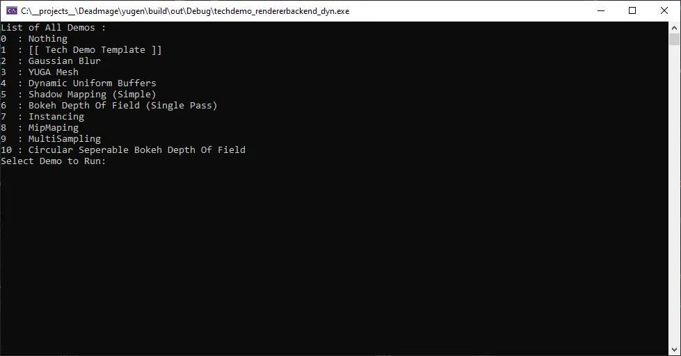 Console listing the available tech demos